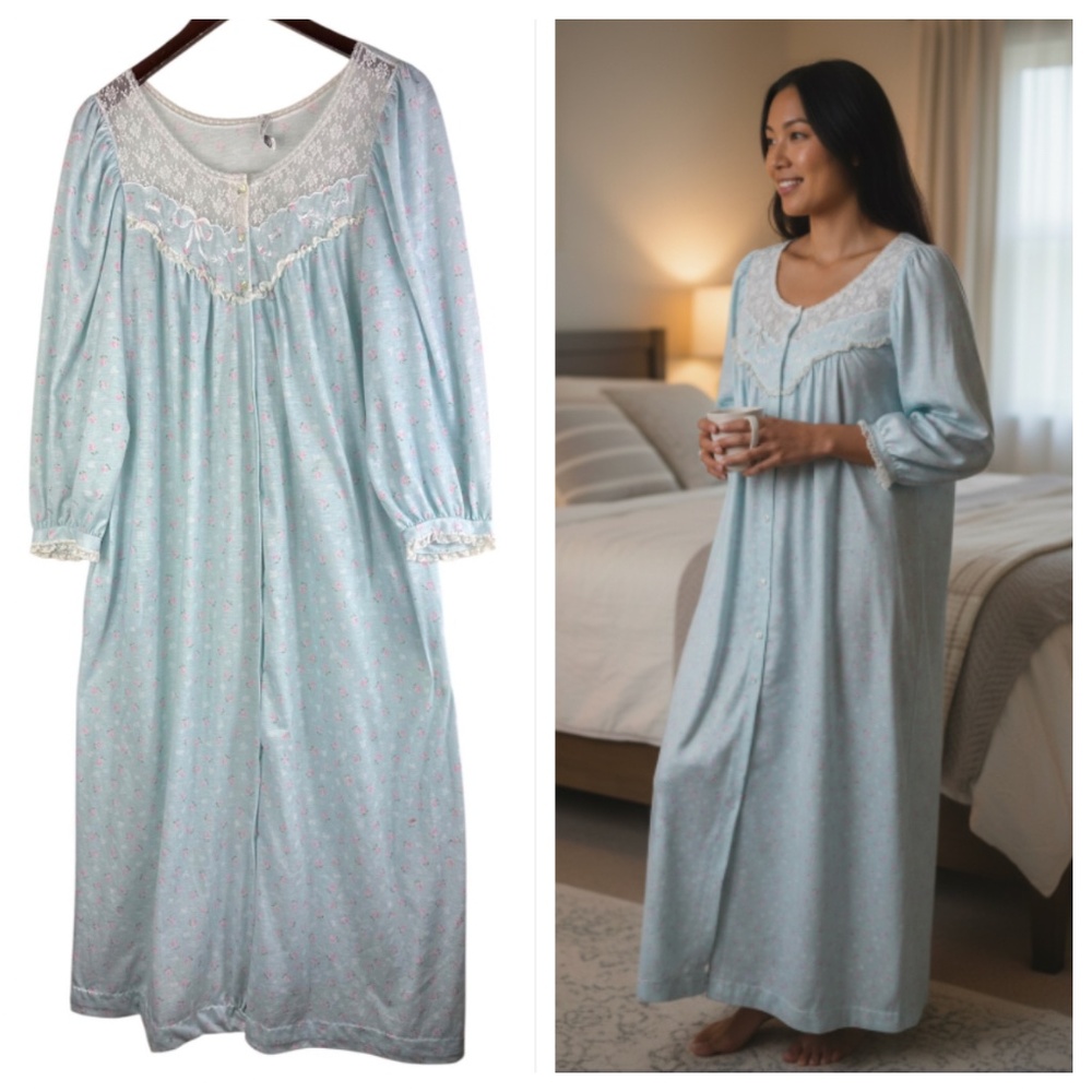 Vtg Miss Elaine Sz Large Nightgown Floral Lace Blue Pink Flannel Cottage Long
